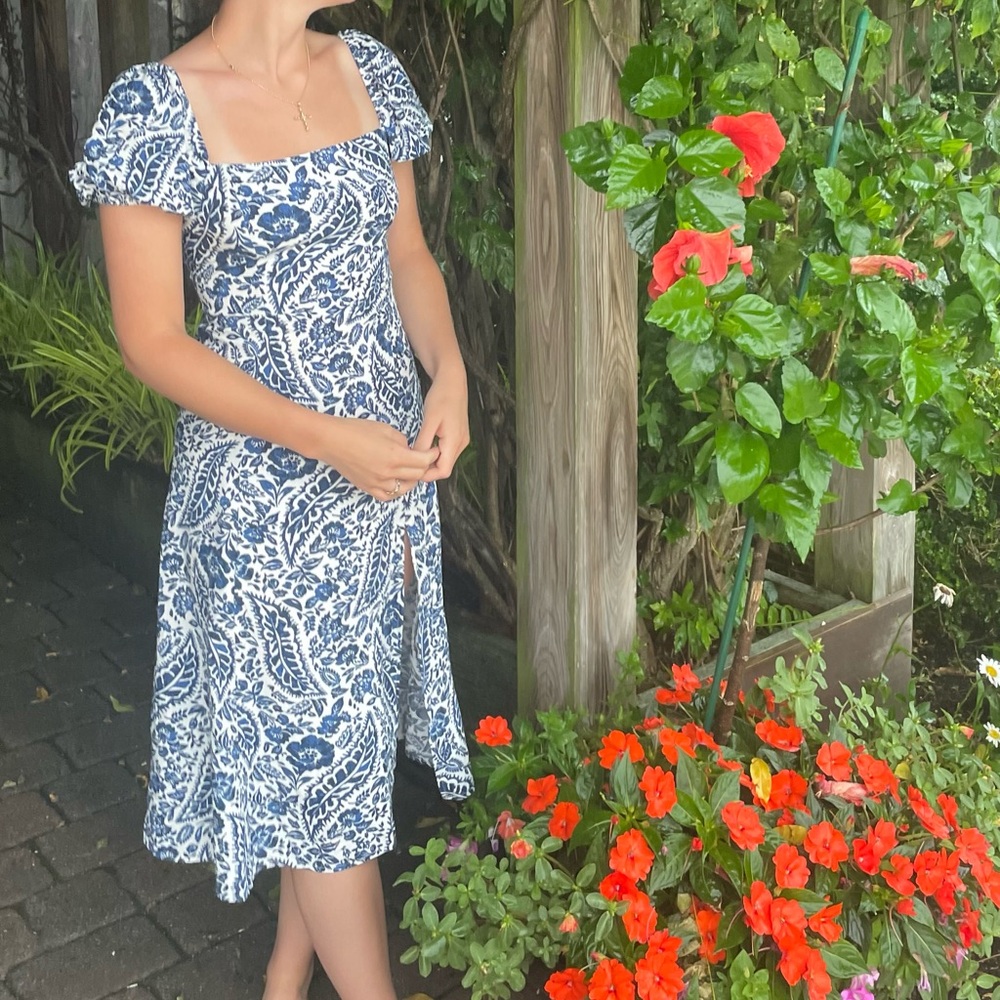 Blue Floral Square-Neck Midi Dress
